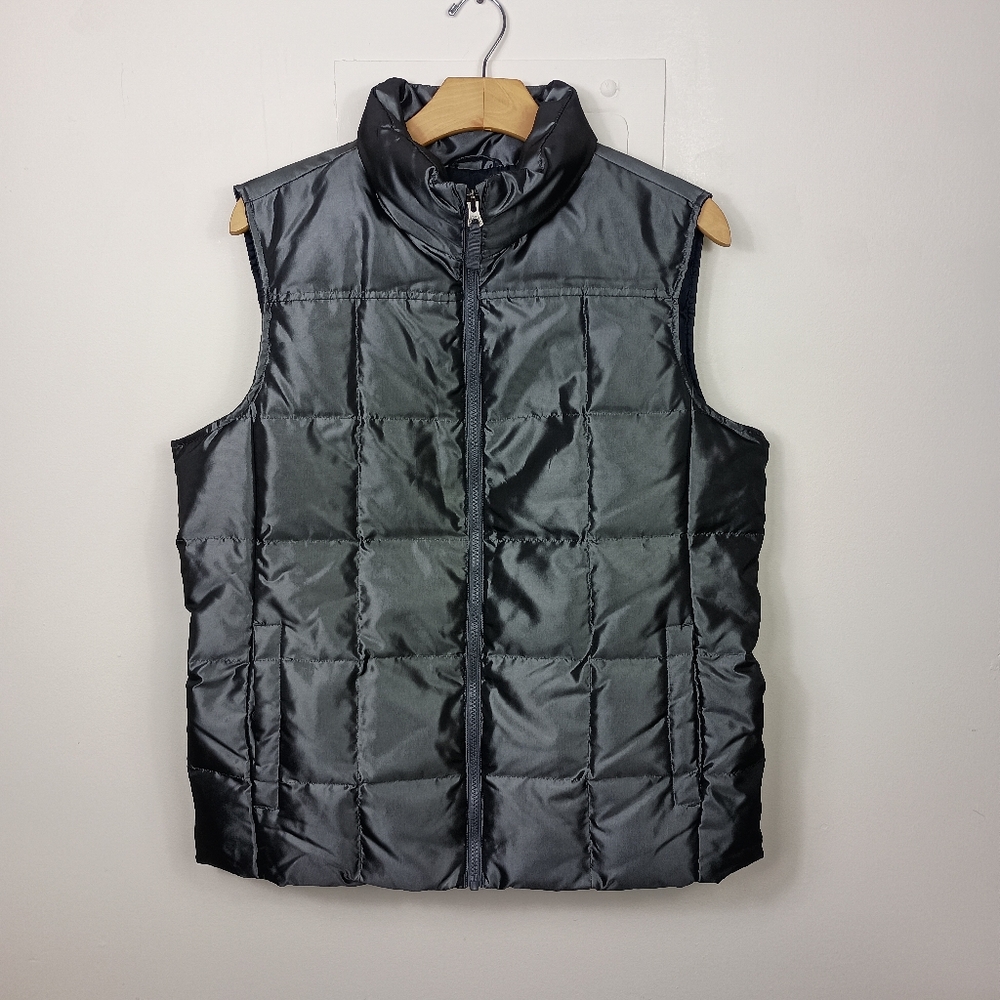 Lands End Womens Down Puffer Vest Large Metallic Pewter Sleeveless Full Zip Pckt